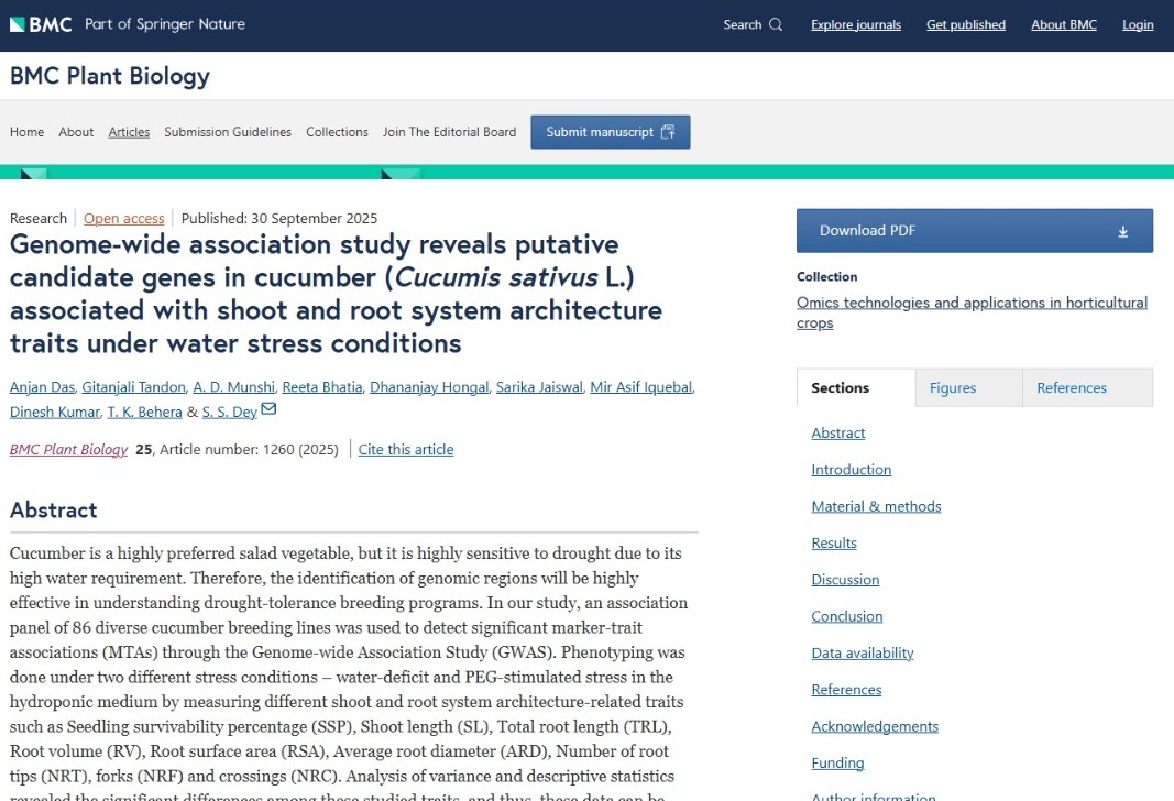 Genome-wide association study reveals putative candidate genes in cucumber (Cucumis sativus L.) associated with shoot and root system architecture traits under water stress conditions. BMC Plant Biology